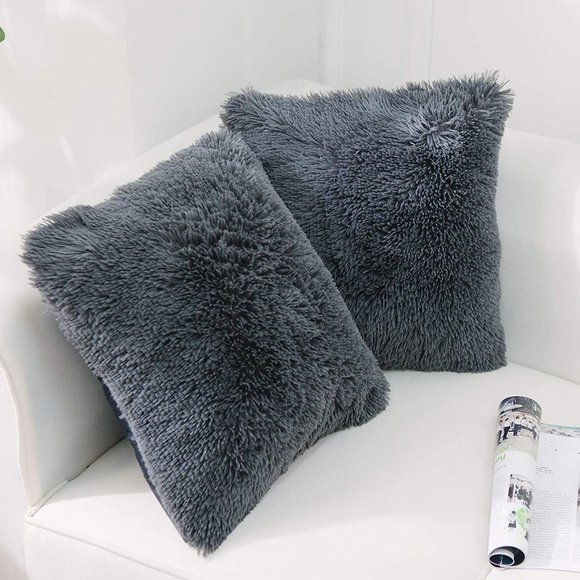 Deep Gray Luxury Furry Soft Adorable Trendy Pompom Throw Pillow Decor Cover Set - Picture 2 of 8